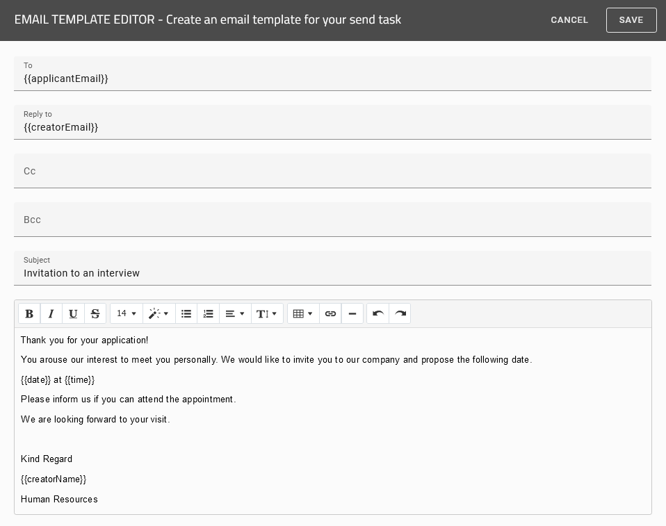 The screenshot shows the e-mail-template editor in BIC Process Design. The text, "Reply to" and recipient field contains process variables.