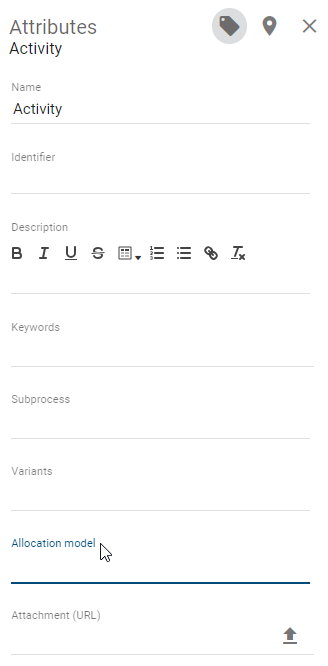This screenshot shows the attribute *Allocation model* within the details of an activity.