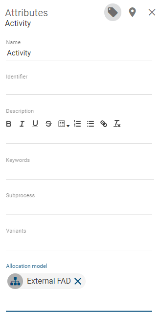 This screenshot shows the attribute *allocation model* within the details of an activity, where an external FAD has been assigned.