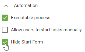 The screenshot shows the activated checkbox "Hide Start Form".