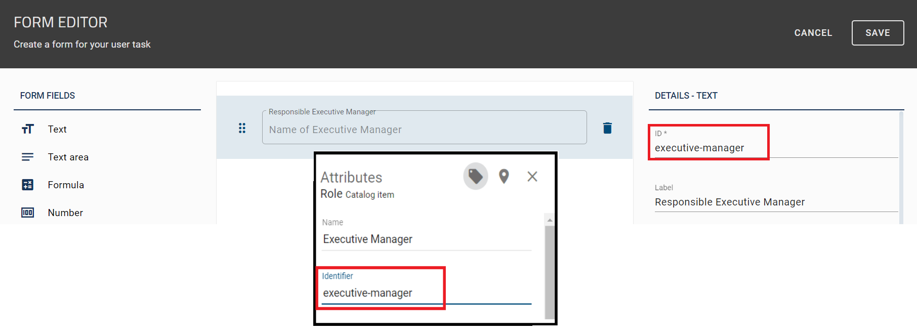 The screenshot shows the forms editor and the attribute bar of a role in BIC Process Design. The "identifier" field of the role is maintained with the same value as the id of the forms text field.