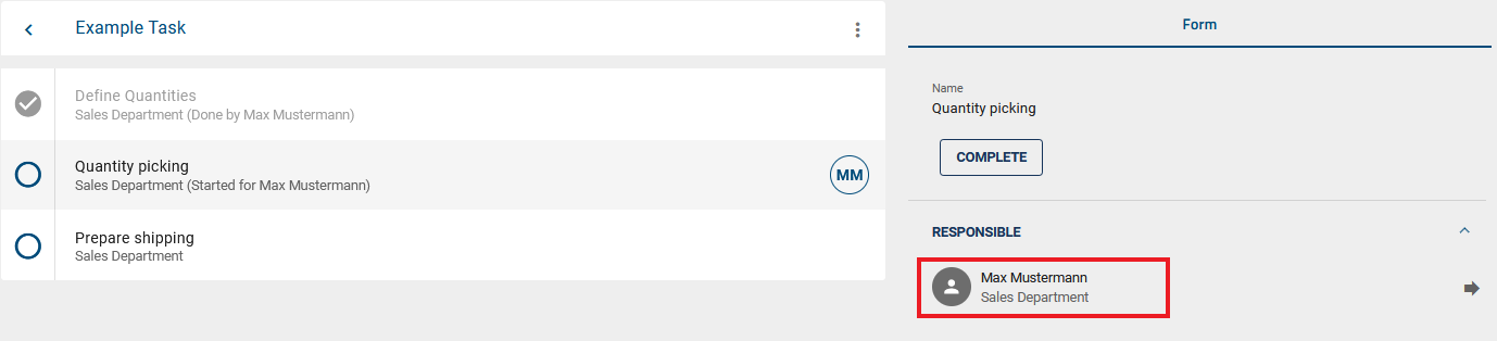 The screenshot shows a case of the process "Selection process" where the form of the first task is displayed in the sidebar. The value "Max Mustermann" is entered in a text field there.