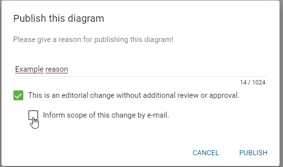 The screenshot shows the dialog box where you can determine whether the scope should be informed about the change by e-mail.