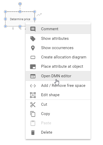 The screenshot shows the "Open DMN editor" button within the context menu of a decision object.