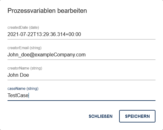 The screenshot shows a dialog that contains all process variables of a case.