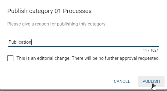 The screenshot shows the input window for the reason for category publication.