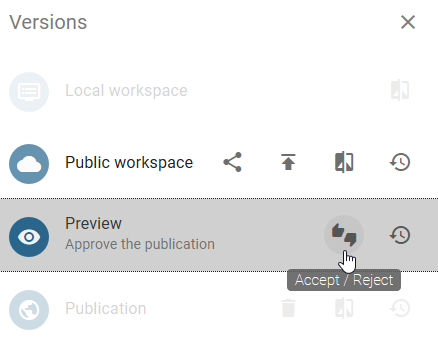 The screenshot shows the "Accept/Reject" button in the versions tab next to the "Preview" stage
