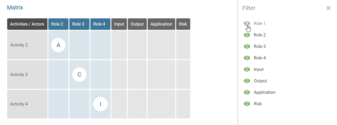 The screenshot shows the RACI matrix with opened filter tab on the right side and selected filter setting.