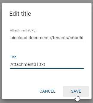 This screenshot shows the dialog "Edit title" of attachments (URL).