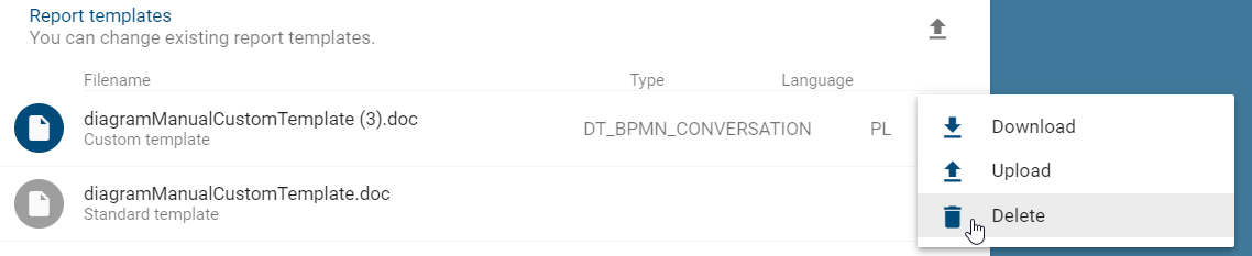 The screenshot shows the delete option in the context menu for report templates of the manual.