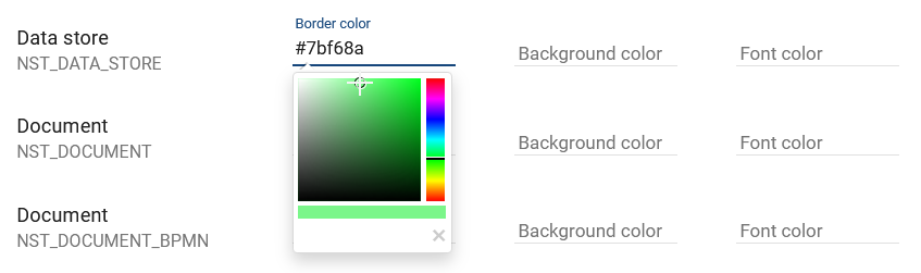 As an example, the selection of a color in the color palette is shown for the symbol type "data store".