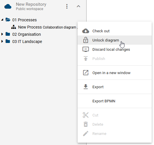 Here, the "Unlock diagram" button in the context menu of a diagram is displayed.
