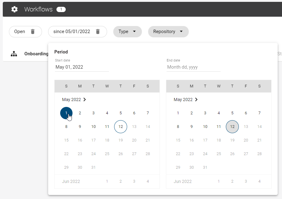 This screenshot shows the filtering according to the workflow period.